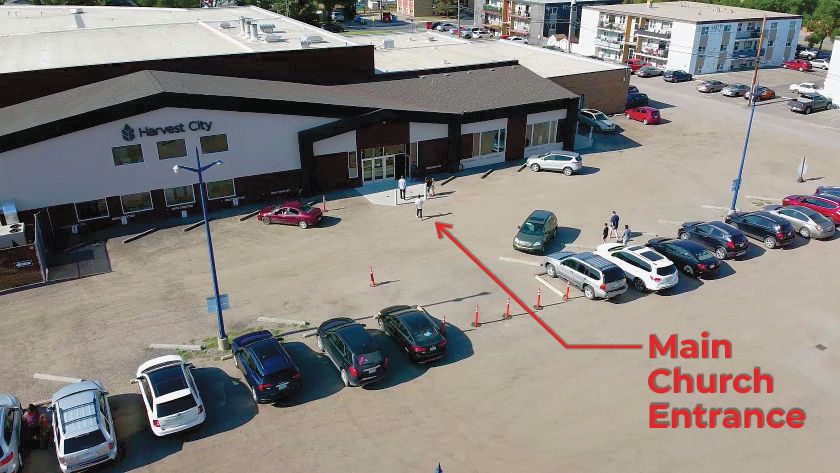 Bird's eye photo showing the Harvest City Church entrance off the north parking lot