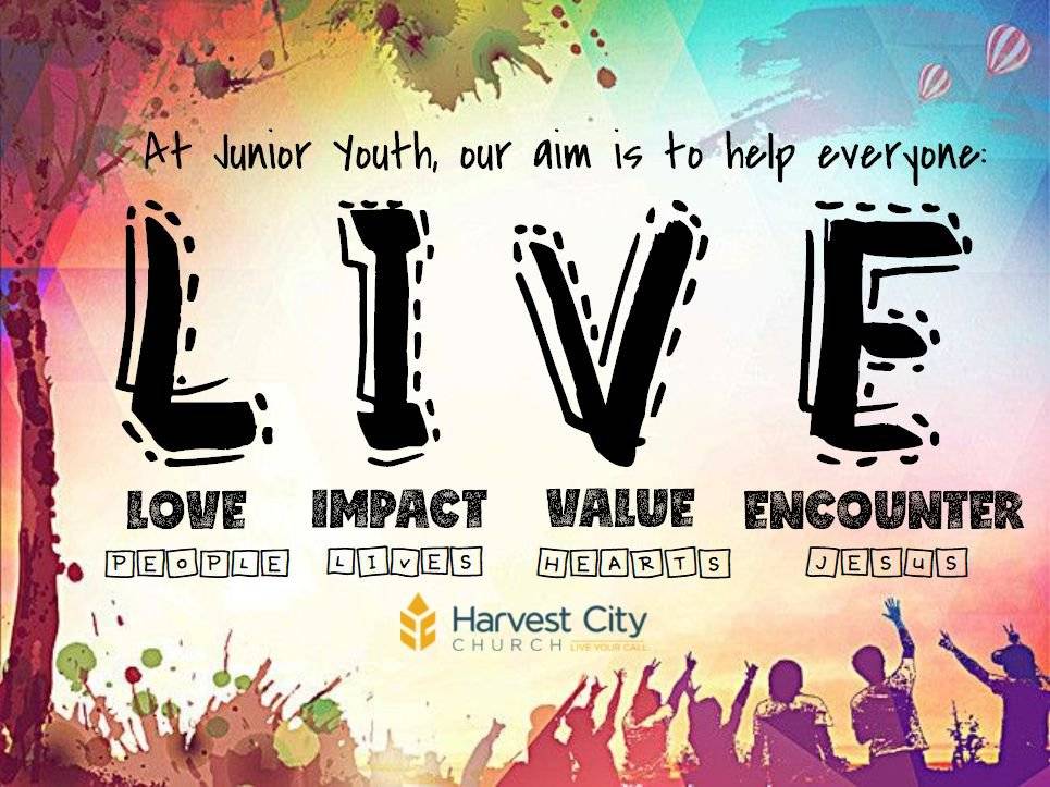 Banner: "At Junior Youth, our aim is to help everyone LIVE (Love people, Impact lives, Value hearts, Encounter Jesus"