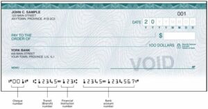 Photo of a void cheque, with tags pointing out the cheque number, transit (branch) number, financial institution number, and bank account number