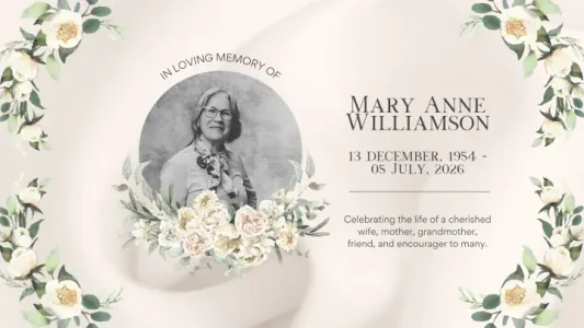 Graphic with photo and text commemorating Mary Williamson